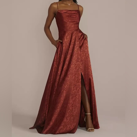 EUC David’s Bridal Jacquard Cowl Neck Bridesmaid Dress in Cinnamon, Sz 18 - Picture 4 of 9